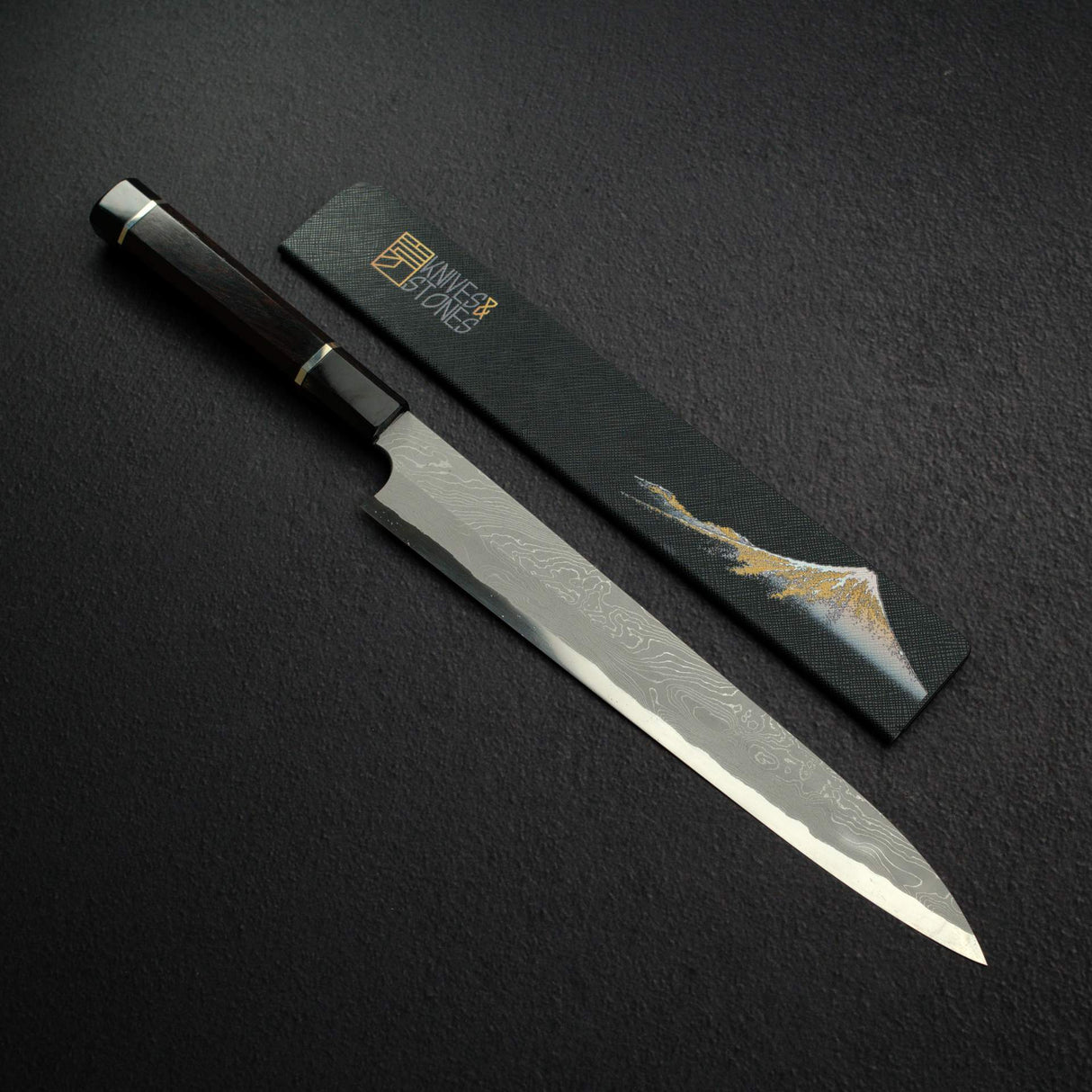 二唐刃物鍛造所 暗門 青二鋼 捻り棒ダマスカス 柳刃 270mm