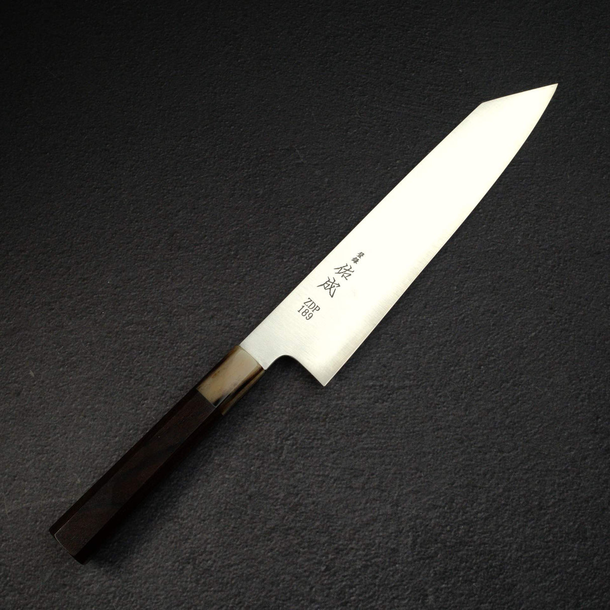 Sukenari ZDP-189 Hairline K-tip Gyuto 240mm, Ebony Handle with Blonde/Marble Ferrule