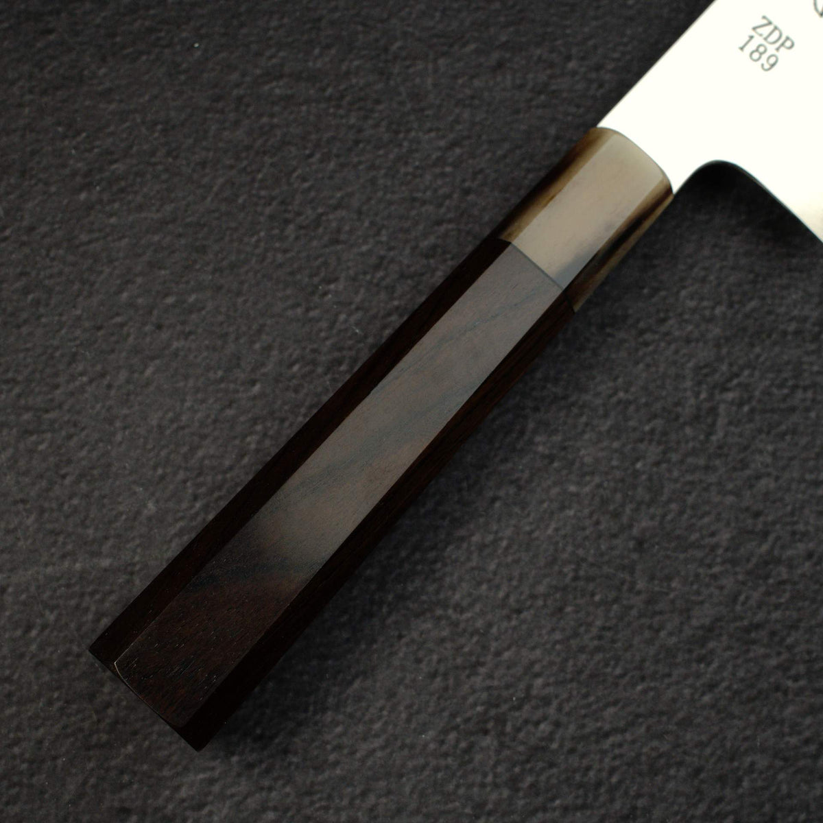 Sukenari ZDP-189 Hairline K-tip Gyuto 240mm, Ebony Handle with Blonde/Marble Ferrule