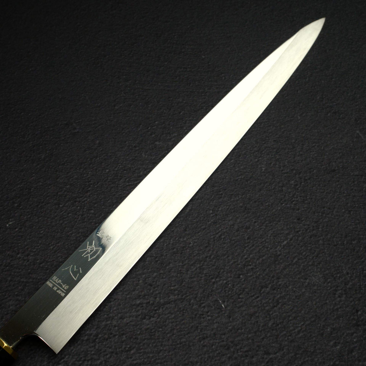 Sukenari HAP40 Mirror Polished Yanagiba 330 mm, Ebony Brass Handle (Hatsukokoro Engraved))