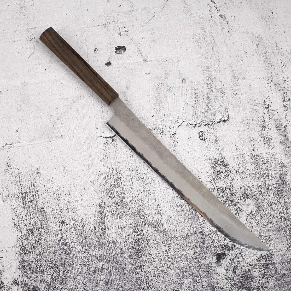 二唐刃物鍛造所 青紙スーパー 先丸筋引 300mm 黒打ち 槌目 チャカテ