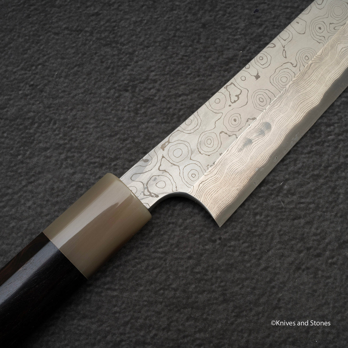 二唐刃物鍛造所 暗門 黒染め 青二鋼 ダマスカス 切付柳刃 300mm