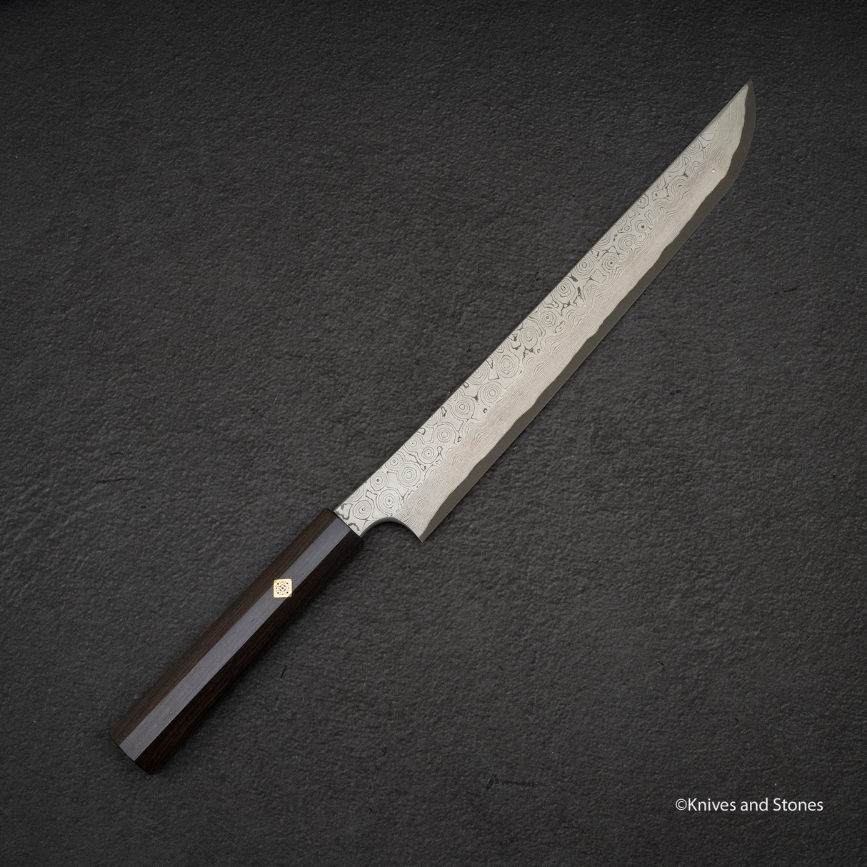 二唐刃物鍛造所 暗門 黒染め 青二鋼 ダマスカス 先丸蛸引き 300mm