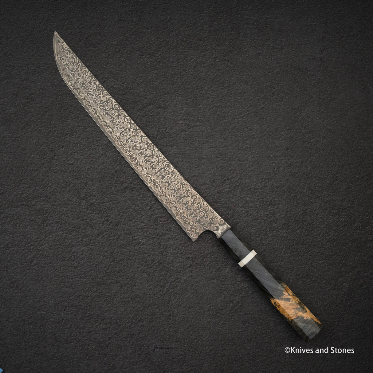 二唐刃物鍛造所 暗紋 SG2 レインドロップダマスカス 先丸筋引 300mm