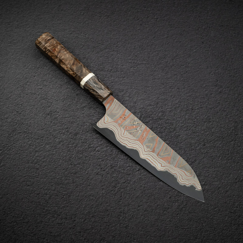 初心 x 二唐刃物鍛造所 彩り 青二鋼 レインボーダマスカス 三徳 180mm