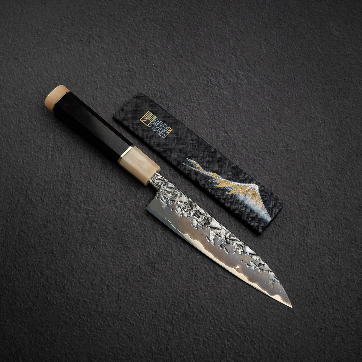 間中刃物鍛錬所 x Xinguo ATS34 ペティナイフ 槌目 鏡面 霞仕上げ 150mm 鞘付き