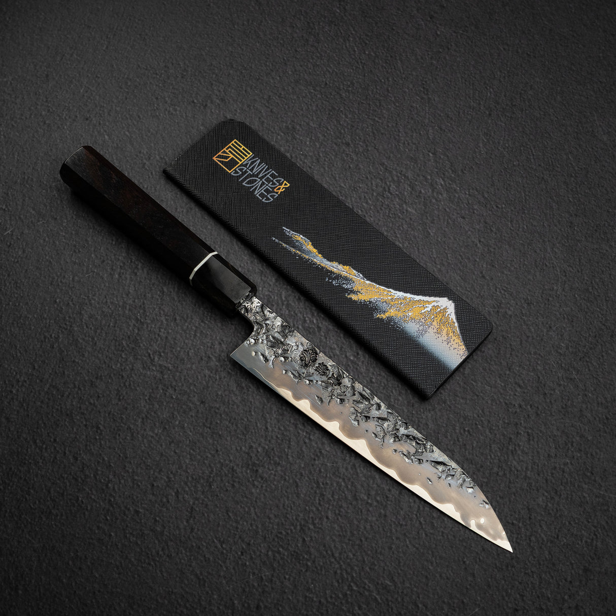 間中刃物鍛錬所 x Xinguo ATS34 ペティナイフ 槌目鏡面霞仕上げ 180mm 鞘付き