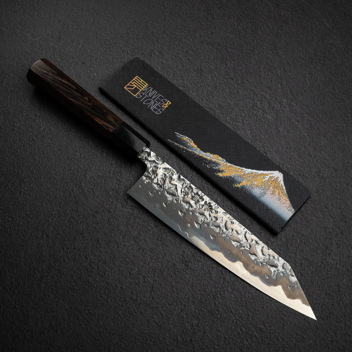 間中刃物鍛錬所 x Xinguo ATS34 切付牛刀 槌目鏡面霞仕上げ 210mm 鞘付き