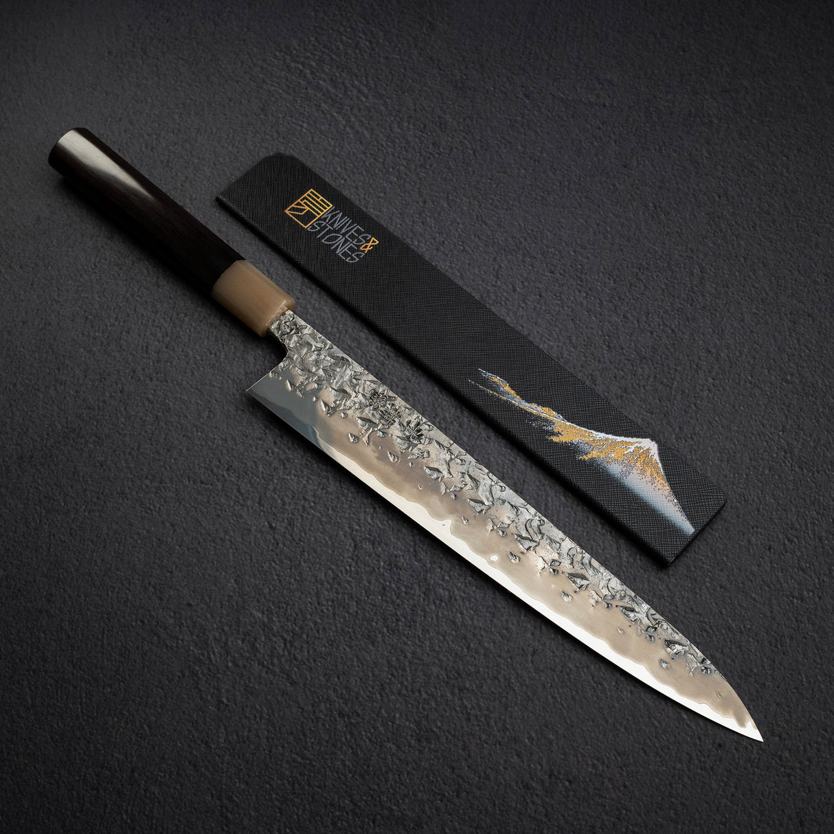 間中刃物鍛錬所 x Xinguo ATS34 筋引 槌目鏡面霞仕上げ 270mm 鞘付き