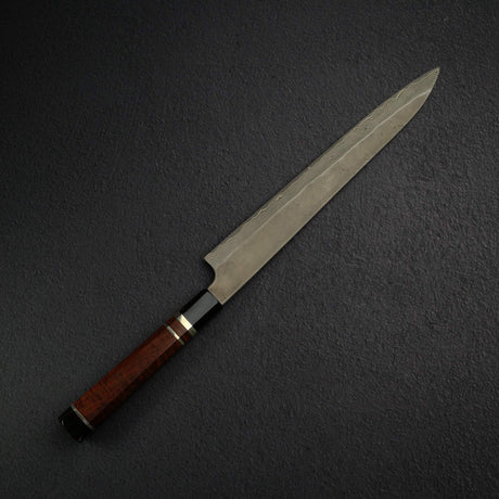 二唐刃物鍛造所 銀三鋼 黒染めダマスカス 筋引 300mm 鞘付き