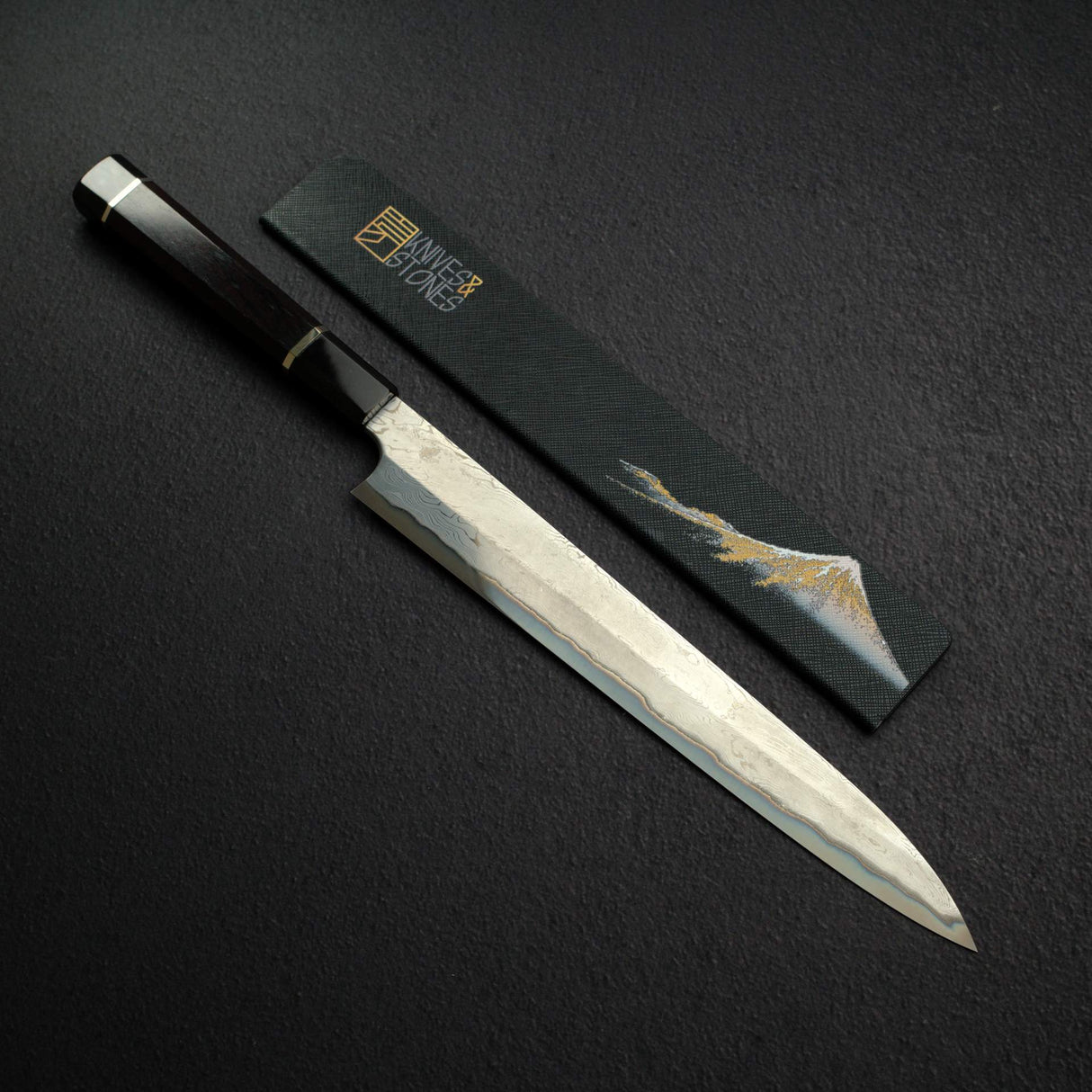 二唐刃物鍛造所 暗門 青二鋼 磨き捻り棒ダマスカス 柳刃 270mm