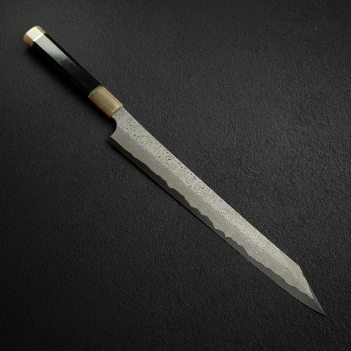 二唐刃物鍛造所 暗門 青二鋼 黒染めダマスカス 切付柳刃 330mm