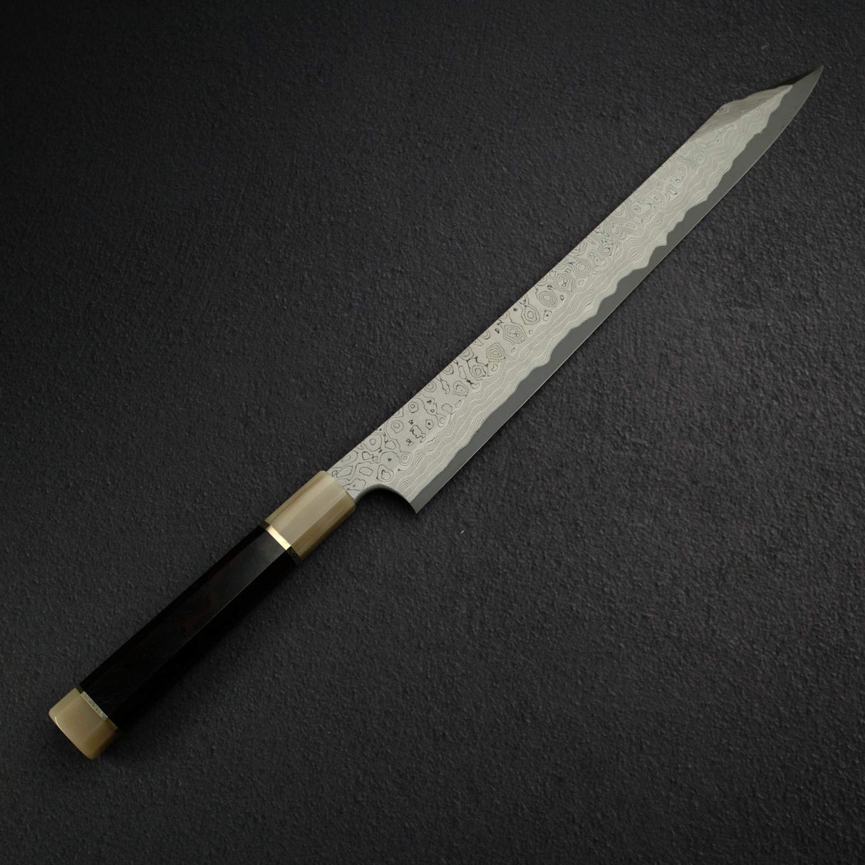二唐刃物鍛造所 暗門 青二鋼 黒染めダマスカス 切付柳刃 330mm