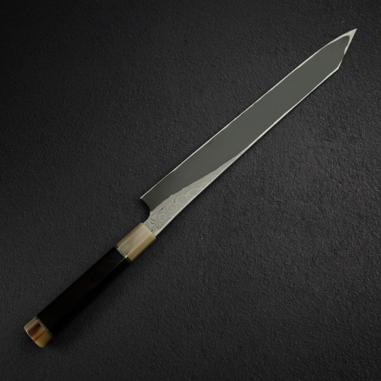 二唐刃物鍛造所 暗門 青二鋼 黒染めダマスカス 切付柳刃 330mm