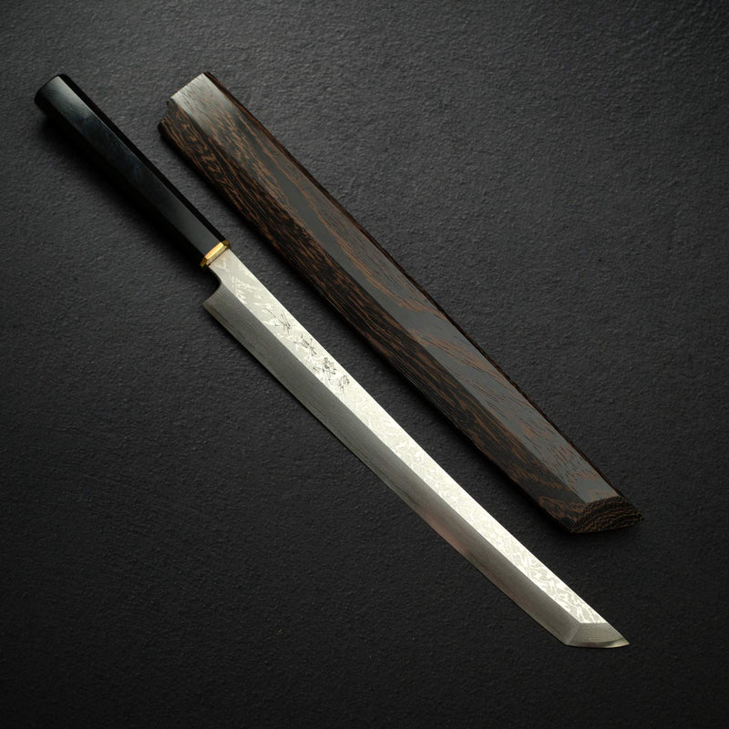 田中一之刃物製作所 V金10号 ダマスカス 先丸蛸引き 300mm 鞘付き