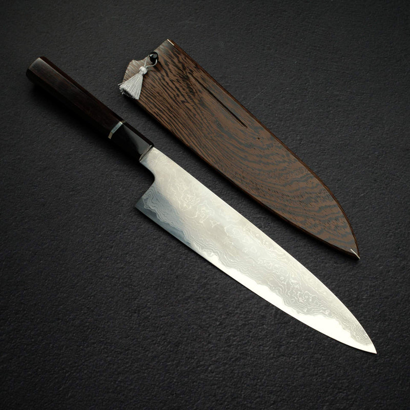 初心 木漏れ日 青一鋼 ダマスカス 牛刀 240mm 鞘付き 無銘