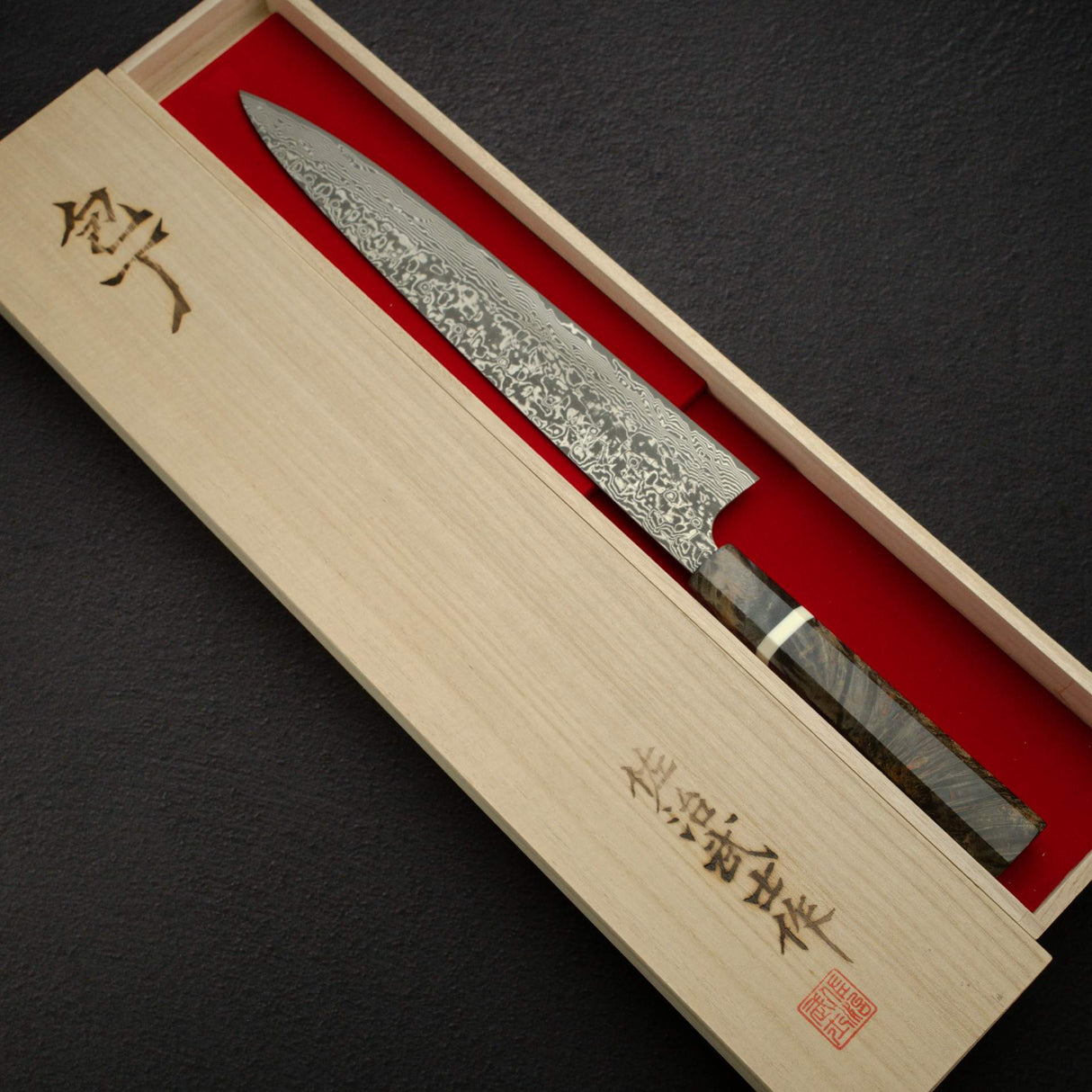 佐治打刃物 SG2 ブラックダマスカス 筋引 270mm バーチウッドハンドル 口金付き