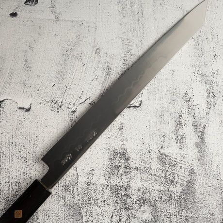 池田鍛錬所 青一鋼 水本焼 血抜き溝付き 切付柳刃 300mm エボニー柄セット