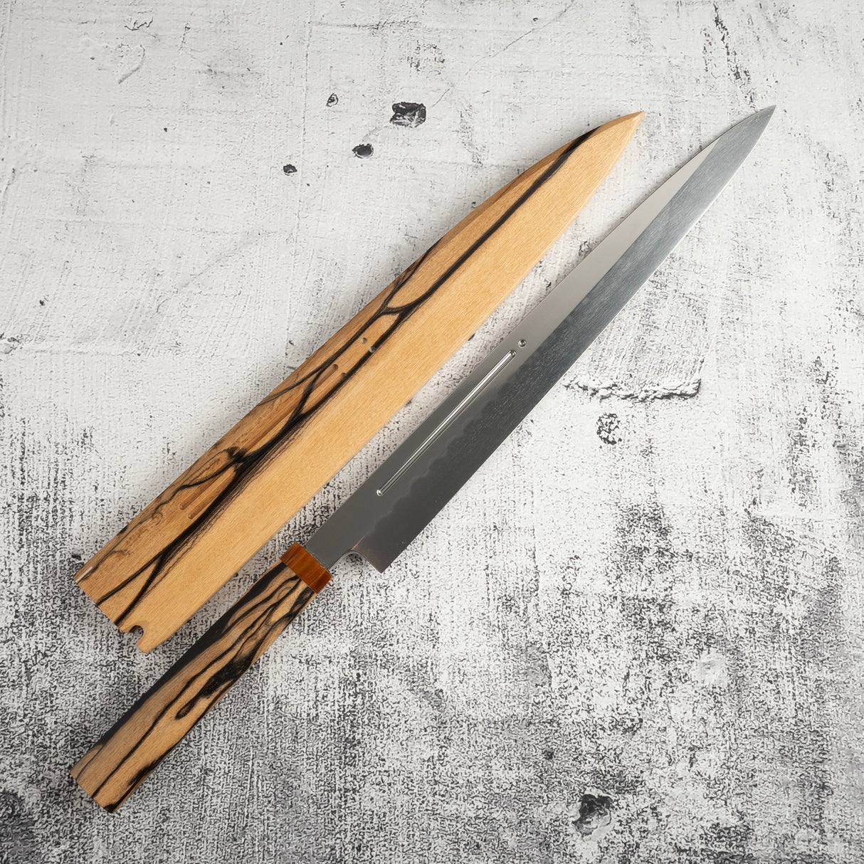 池田鍛錬所 青一鋼 水本焼 柳刃 300mm 血抜き溝付き 黒白エボニーハンドル