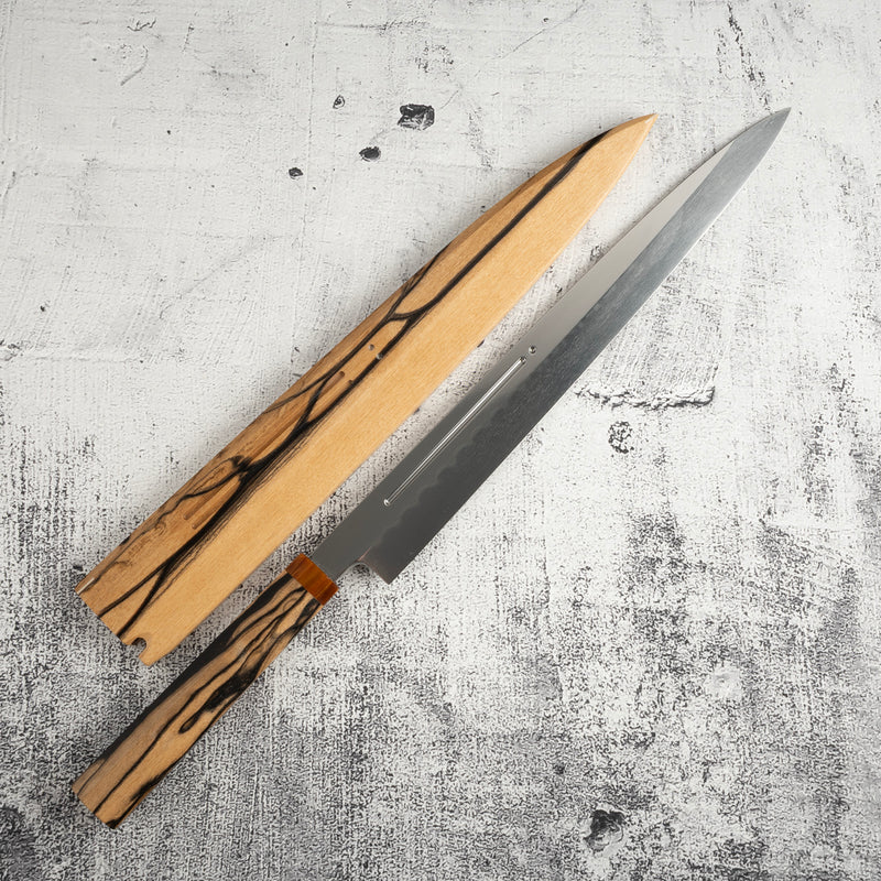 池田鍛錬所 青一鋼 水本焼 柳刃 300mm 血抜き溝付き 黒白エボニーハンドル