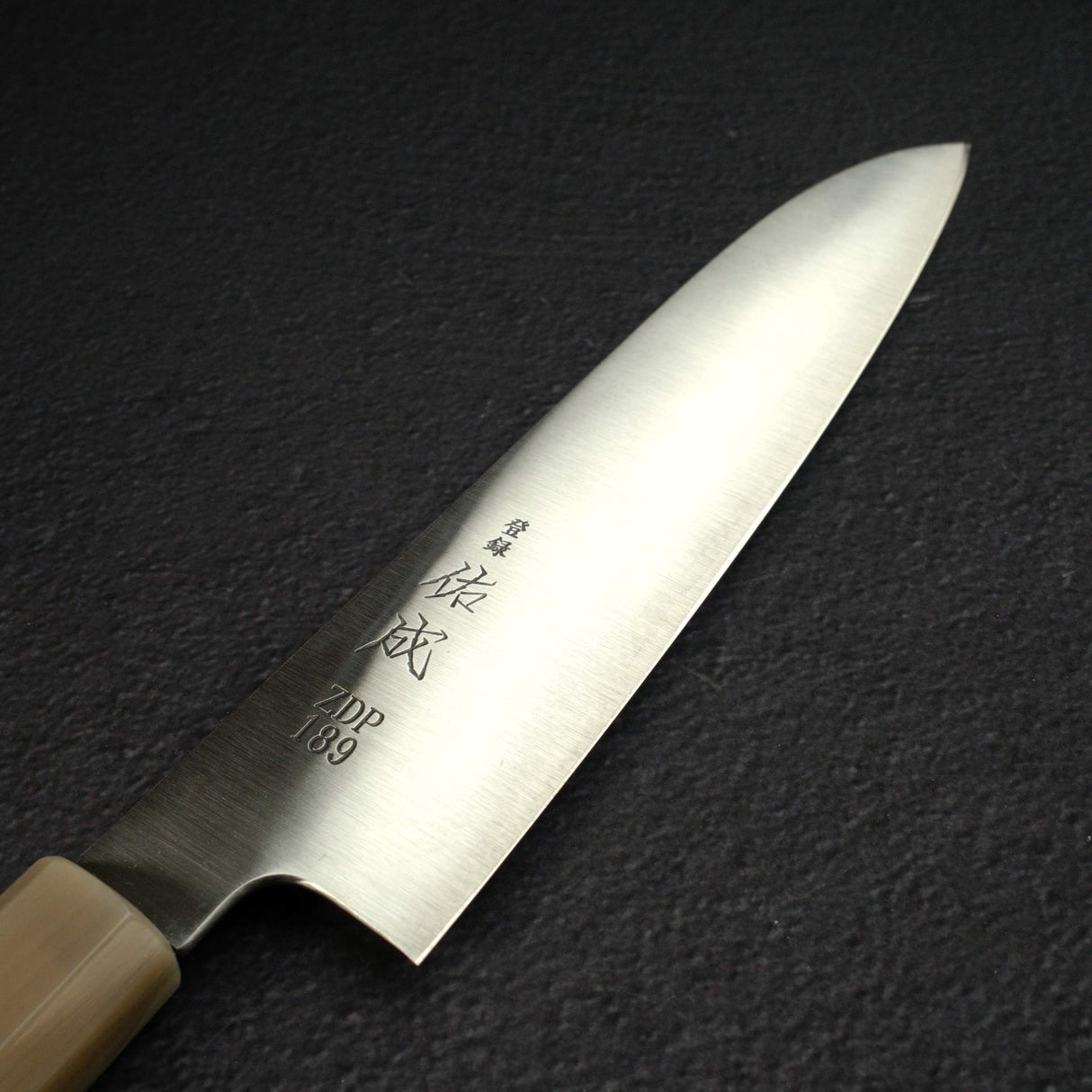 Sukenari ZDP-189 Hairline Santoku 195mm, Ebony Handle with Blonde/Marble Ferrule