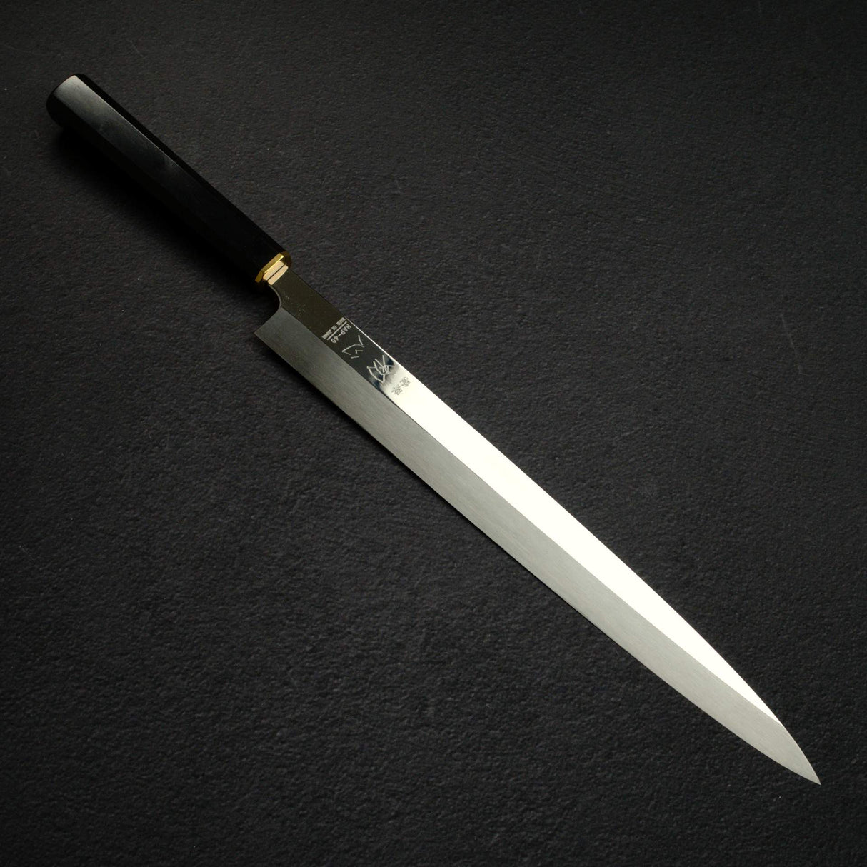 Sukenari HAP40 Mirror Polished Yanagiba 330 mm, Ebony Brass Handle (Hatsukokoro Engraved))