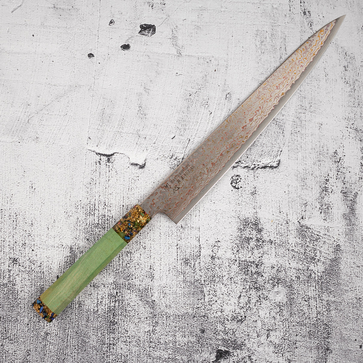 初心 孔雀 V金2号 レインボーダマスカス 筋引 270mm
