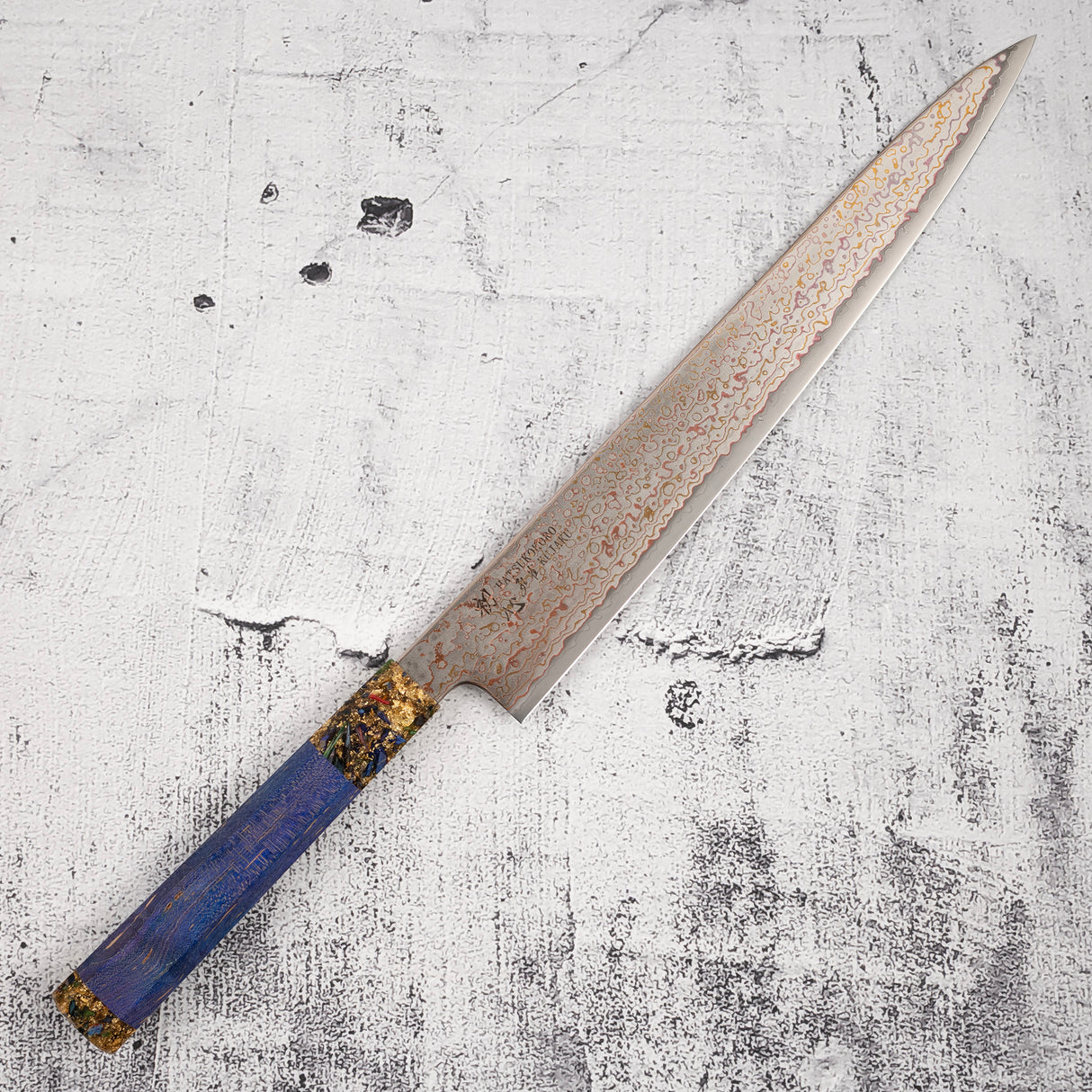 初心 孔雀 V金2号 レインボーダマスカス 筋引 270mm