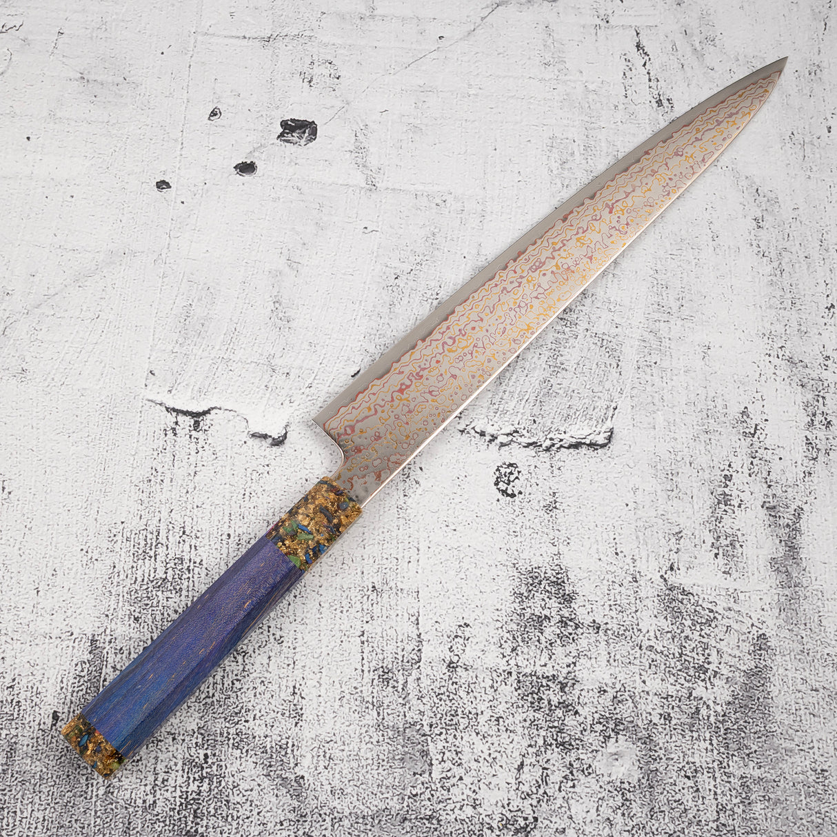 初心 孔雀 V金2号 レインボーダマスカス 筋引 270mm