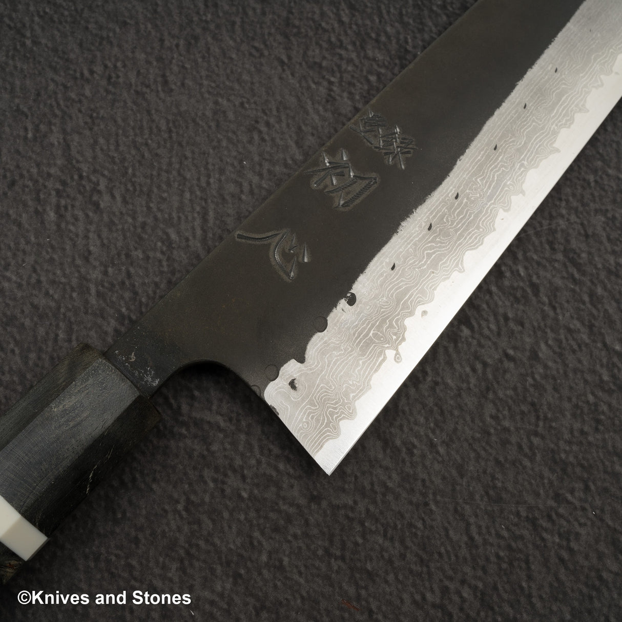 初心 蜃気楼 青紙スーパー ダマスカス 黒打ち 切付牛刀 240mm バーチハンドル