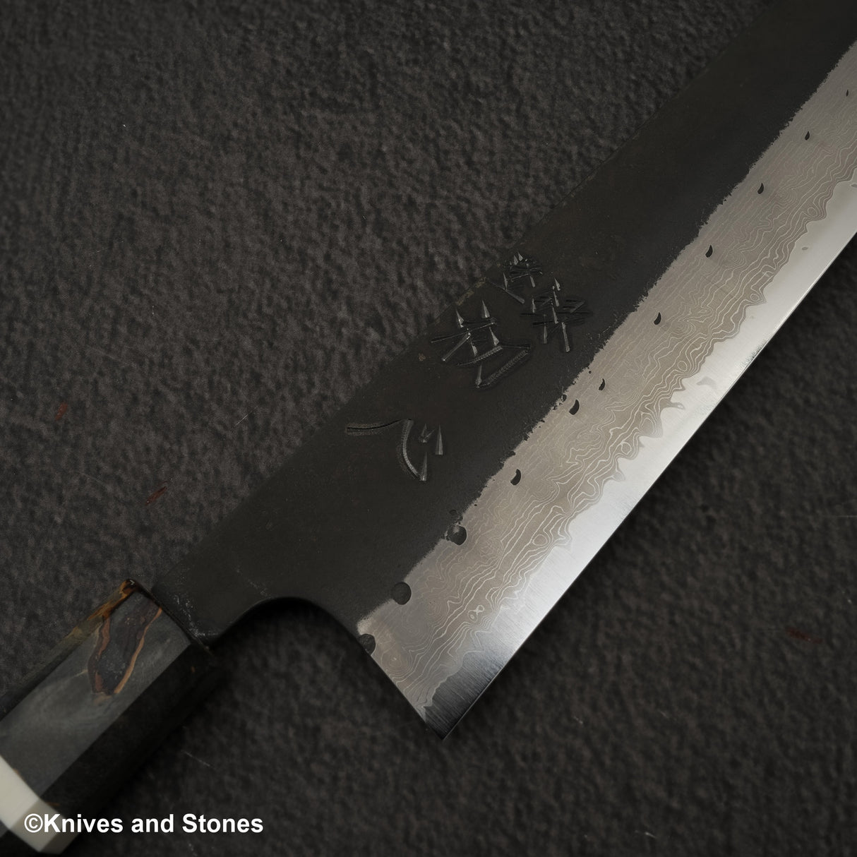 初心 蜃気楼 青紙スーパー 黒打ちダマスカス 切付牛刀 210mm バーチハンドル