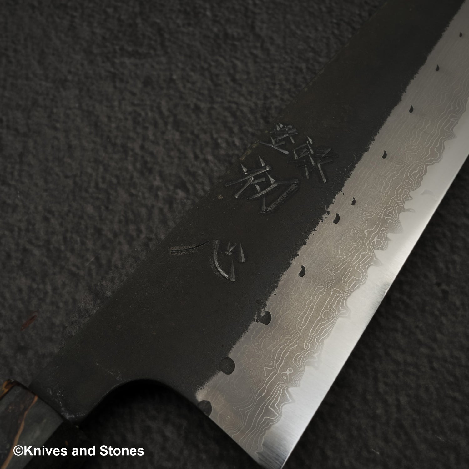 初心 蜃気楼 青紙スーパー 黒打ちダマスカス 切付牛刀 210mm バーチハンドル