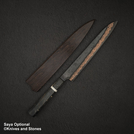 初心 x 二唐刃物鍛造所 悦び SLD鋼 カッパーダマスカス 筋引 240mm バーチハンドル