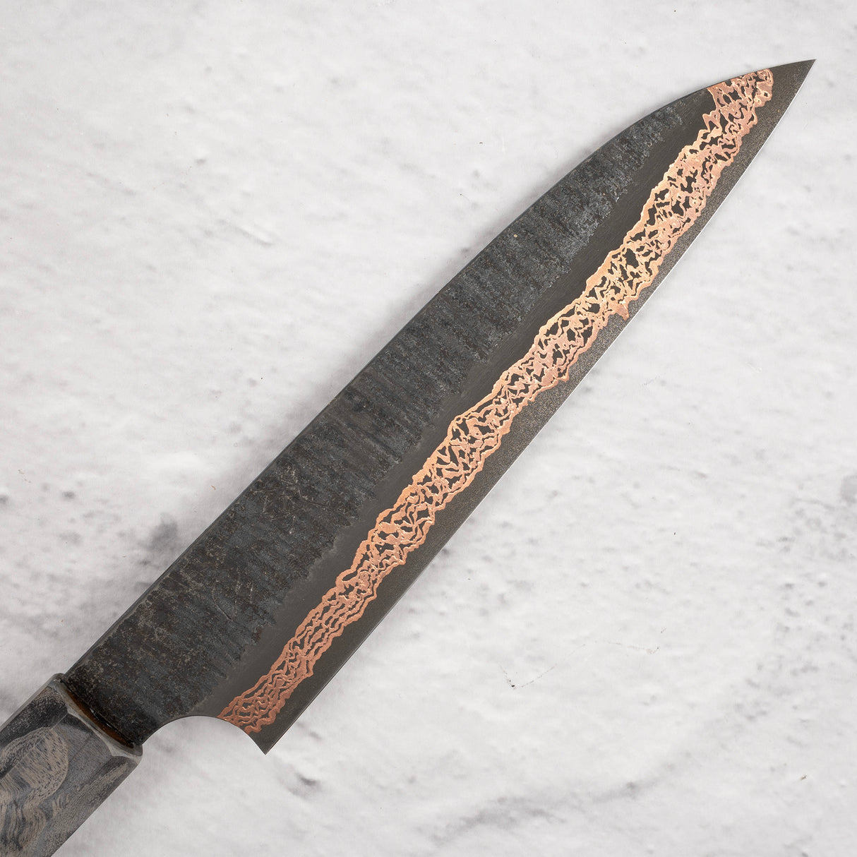 初心 x 二唐刃物鍛造所 Yorokobi SLD鋼 銅 ダマスカス 槌目 ペティナイフ 150mm 鞘付き