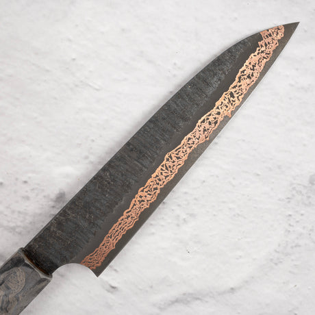 初心 x 二唐刃物鍛造所 Yorokobi SLD鋼 銅 ダマスカス 槌目 ペティナイフ 150mm 鞘付き