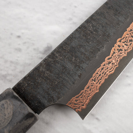 初心 x 二唐刃物鍛造所 Yorokobi SLD鋼 銅 ダマスカス 槌目 ペティナイフ 150mm 鞘付き