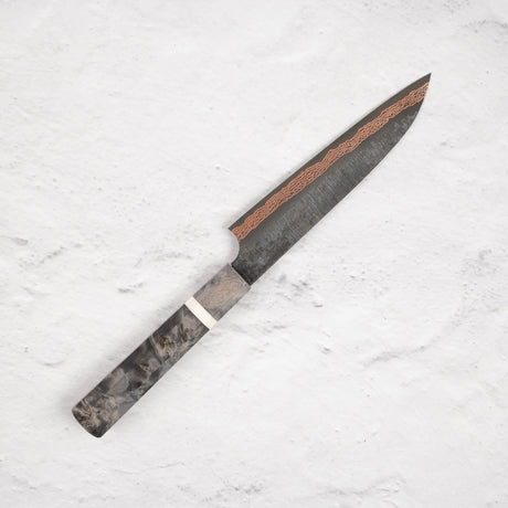 初心 x 二唐刃物鍛造所 Yorokobi SLD鋼 銅 ダマスカス 槌目 ペティナイフ 150mm 鞘付き