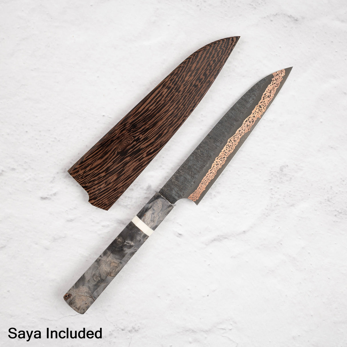 初心 x 二唐刃物鍛造所 Yorokobi SLD鋼 銅 ダマスカス 槌目 ペティナイフ 150mm 鞘付き