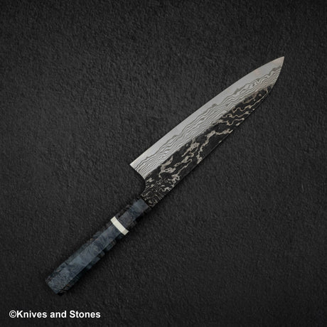 初心 x 二唐刃物鍛造所 悦びスペシャル SLD鋼 黒打ち ダマスカス 牛刀 210mm バーチハンドル