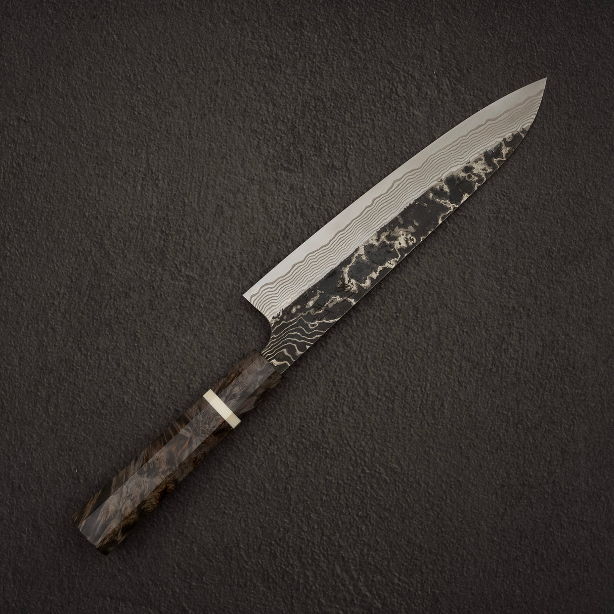 初心 x 二唐刃物鍛造所 悦びスペシャル SLD鋼 黒打ち ダマスカス 牛刀 240mm