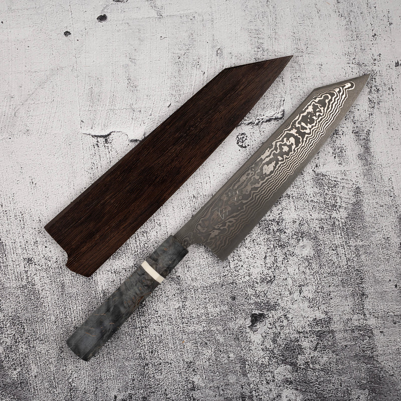 初心 x 二唐刃物鍛造所 悦びスペシャル SLD鋼 黒打ち ダマスカス 切付牛刀 240mm