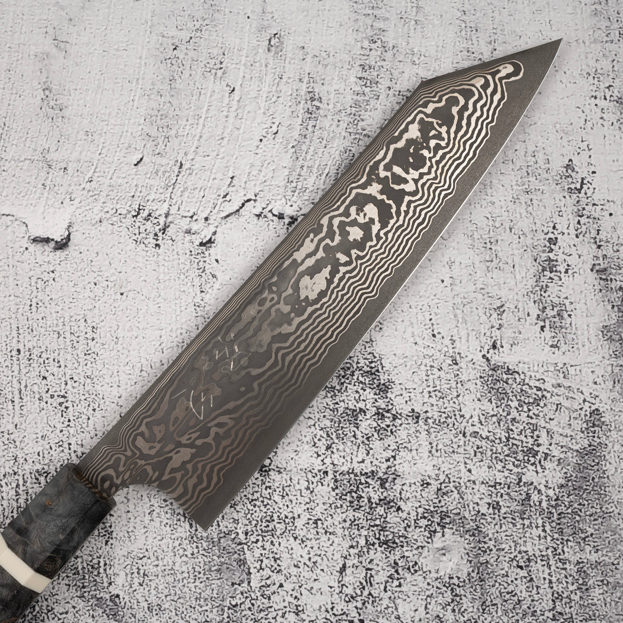初心 x 二唐刃物鍛造所 悦びスペシャル SLD鋼 黒打ち ダマスカス 切付牛刀 240mm