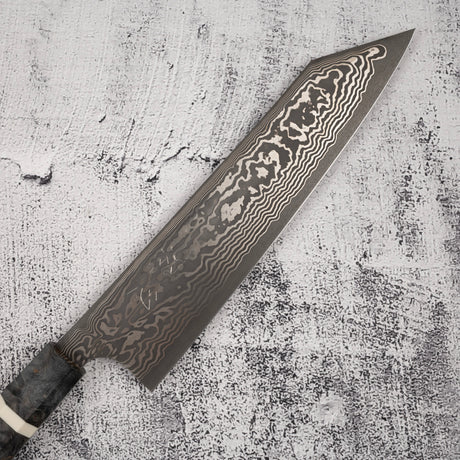 初心 x 二唐刃物鍛造所 悦びスペシャル SLD鋼 黒打ち ダマスカス 切付牛刀 240mm