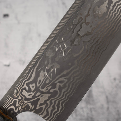 初心 x 二唐刃物鍛造所 悦びスペシャル SLD鋼 黒打ち ダマスカス 切付牛刀 240mm