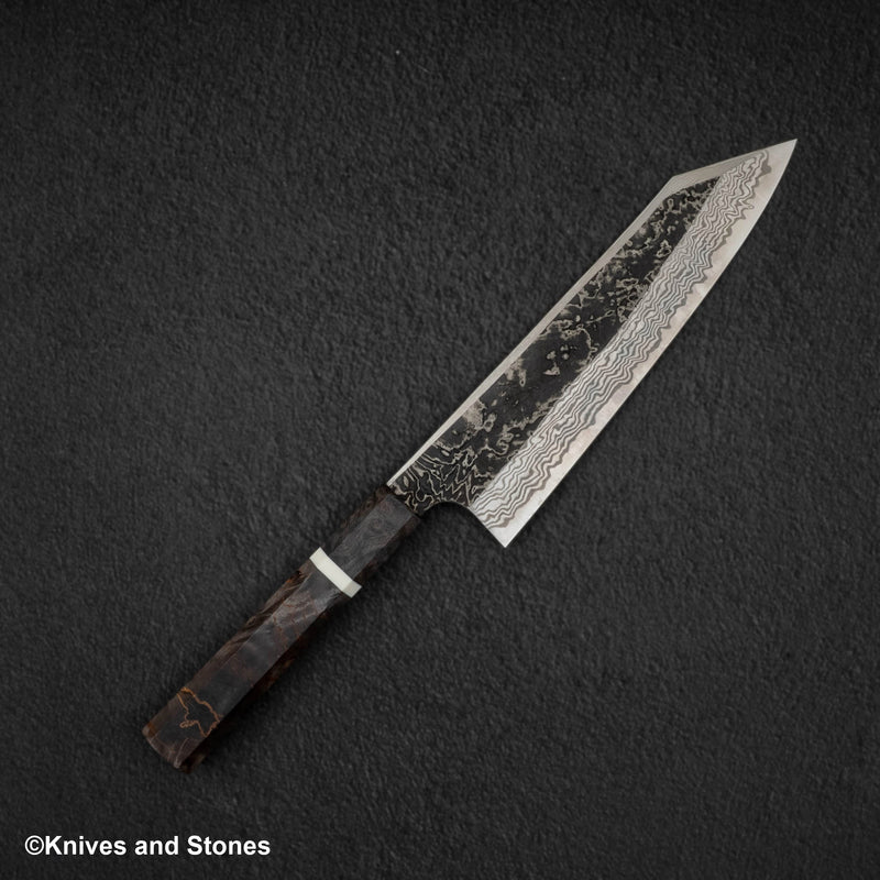初心 x 二唐刃物鍛造所 悦びスペシャル SLD鋼 黒打ち ダマスカス 切付牛刀 210mm バーチハンドル