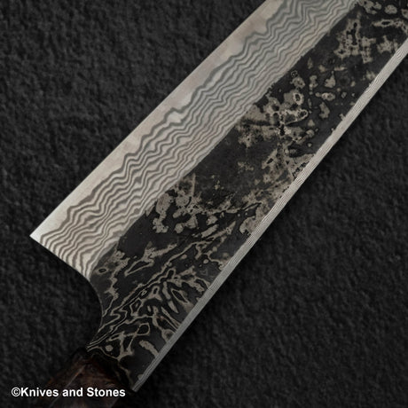 初心 x 二唐刃物鍛造所 悦びスペシャル SLD鋼 黒打ち ダマスカス 切付牛刀 210mm バーチハンドル