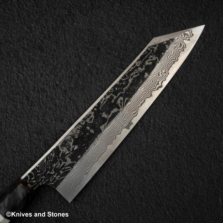 初心 x 二唐刃物鍛造所 悦びスペシャル SLD鋼 黒打ち ダマスカス 切付牛刀 240mm バーチハンドル