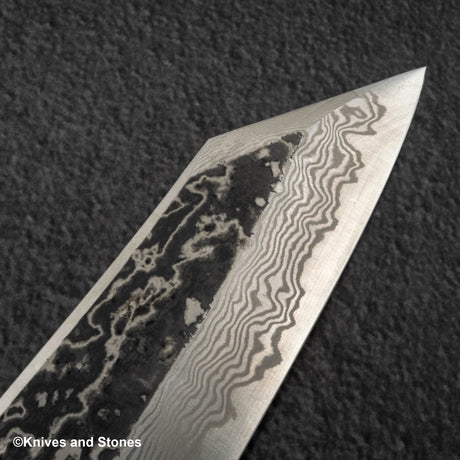 初心 x 二唐刃物鍛造所 悦びスペシャル SLD鋼 黒打ち ダマスカス 切付牛刀 240mm バーチハンドル