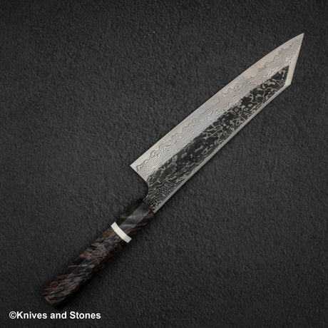 初心 x 二唐刃物鍛造所 悦びスペシャル SLD鋼 黒打ち ダマスカス 切付牛刀 240mm バーチハンドル