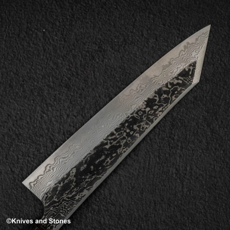 初心 x 二唐刃物鍛造所 悦びスペシャル SLD鋼 黒打ち ダマスカス 切付牛刀 240mm バーチハンドル
